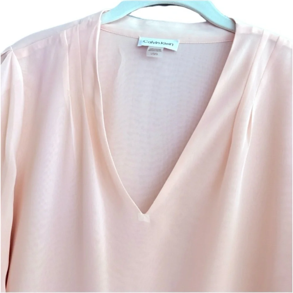 Calvin Klein Short Sleeve Chiffon Blouse V-neck Pale Pink Size L - Picture 4 of 9